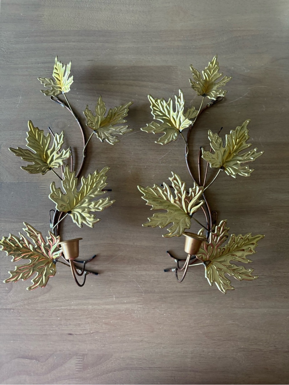 2 VTG HOMCO HOME INTERIOR BRASS COPPER MAPLE LEAF SCONCE CANDLE HOLDERS